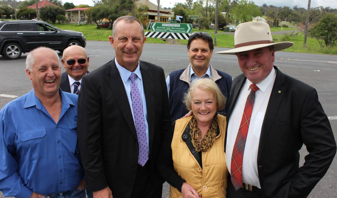 BIG PROJECT: Liverpool Plains Mayor Andrew Hope, Liverpool Plains Shire Council's Doug Hawkins, Upper Hunter MP Michael Johnsen, LPSC Cr Virginia Black, Upper Hunter Shire Council Mayor Wayne Bedggood and the Member for New England, Barnaby Joyce, at the junction of the New England Highway and the M385, the Willow Tree to Merriwa Road.