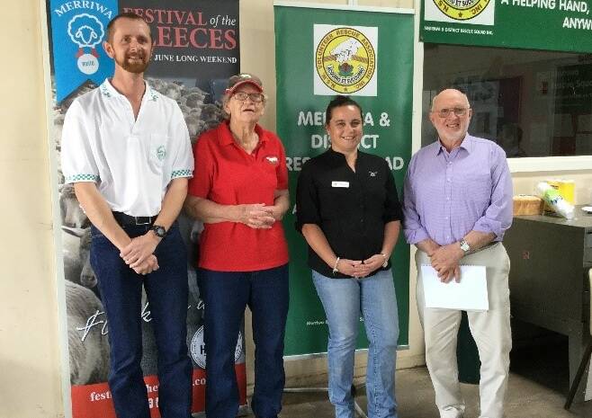 CONTRIBUTION: Merriwa VRA spokesperson Andrew Luke and Westpac Rescue Helicopter’s Community Liaison Officer Rochelle MacDonald were presented with cheques for $2500 each from Festival of the Fleeces Committee Chair Ms Deirdre Peebles and Cr Ron Campbell on Saturday.