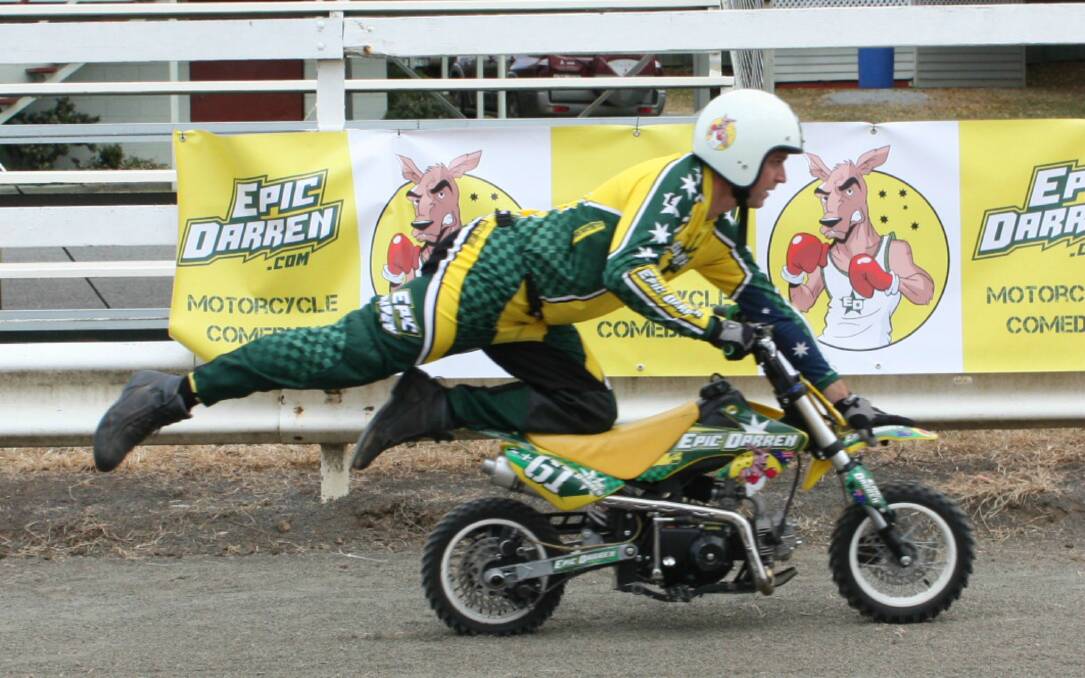 HILARIOUS: Motorcycle stuntman Epic Darren is one of this year's specialty acts at the Merriwa Springtime Show, a legend in his own lifetime sure to keep punters entertained. Photo: Supplied