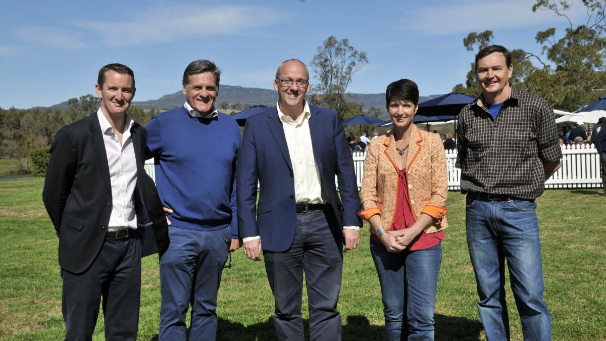 KEEN ON RACING: Hunter Thoroughbred Breeders Association (HBTA) treasurer Paddy Power, secretary Ross Cole, NSW Opposition leader Luke Foley, member for Port Stephens Kate Washington and HBTA president Cameron Collins at Coolmore's stallion parade in August.