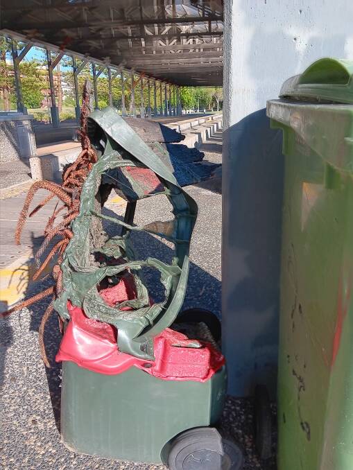 The damaged wheelie bin. Picture supplied