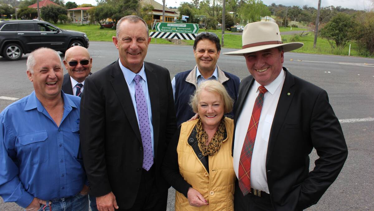 SAFER JOURNEY: Liverpool Plains mayor Andrew Hope, Councillor Doug Hawkins, Upper Hunter MP Michael Johnsen, Councillor Virginia Black, Upper Hunter Shire mayor Wayne Beddgood and New England MP Barnaby Joyce at the junction of the New England Highway and the M385, the Willow Tree to Merriwa Road.