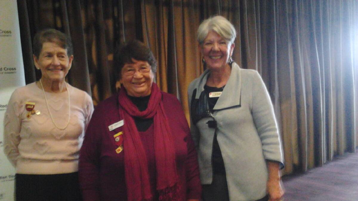 BIG DAY: Muswellbrook Red Cross branch president Di Keating with Margaret Kiehne, of the NSW Advisory Board, and Country Zone 5 Red Cross representative Susanna O’Brien.