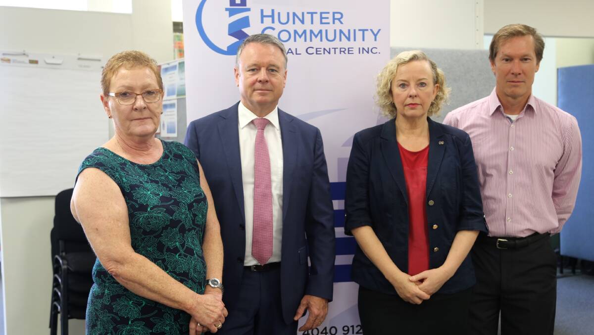 FIGHTING ON: Hunter MP Joel Fitzgibbon and Newcastle MP Sharon Claydon with Hunter Community Legal Centre operations manager Julie Vitnell and senior solicitor Michael Giles.