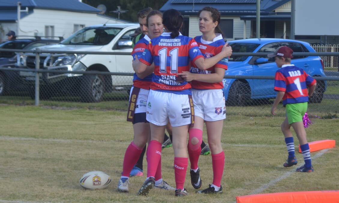 TRY TIME: The Murrurundi Mavericks celebrate a four-pointer to Erin West on Saturday but it wasn't enough as the Singleton Greyhounds prevailed 12-8.