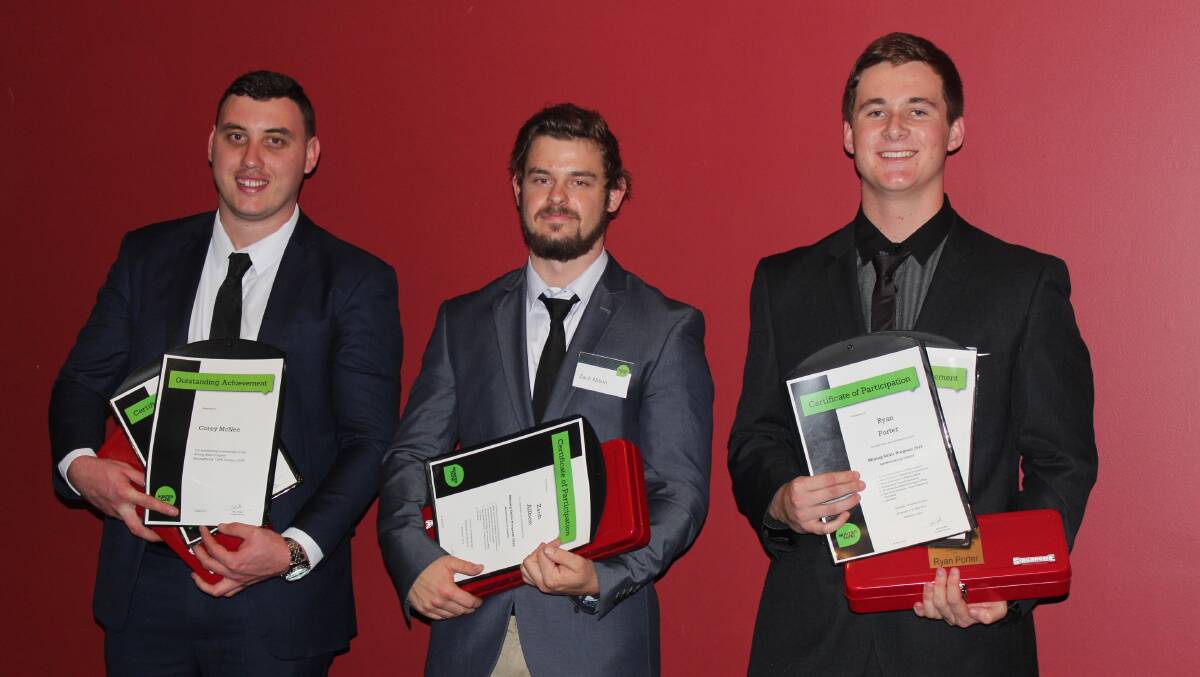 OUTSTANDING STUDENTS: Corey McNee, Zach Allbon and Ryan Porter at the Hunter TAFE Mining Skills Centre graduation ceremony at the Muswellbrook RSL Club on Thursday night.