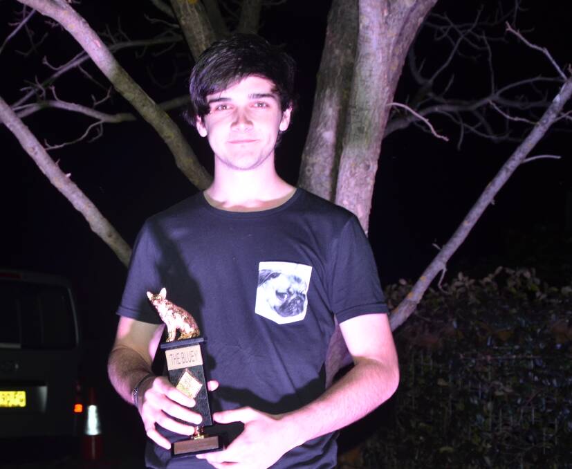 TOP PRIZE: Scone’s Braydon Walmsley with the ultimate prize, The Bluey, at the 2016 Blue Heeler Film Festival at Two Rivers Winery on Saturday night.