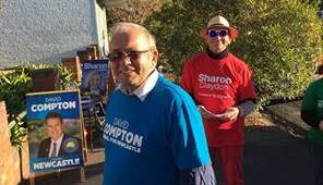 Liberal volunteer Graham Gordon and Labor volunteer Peter Harris of the CFMEU construction division kept up the good natured banter in Cooks Hill. Picture: Ian Kirkwood