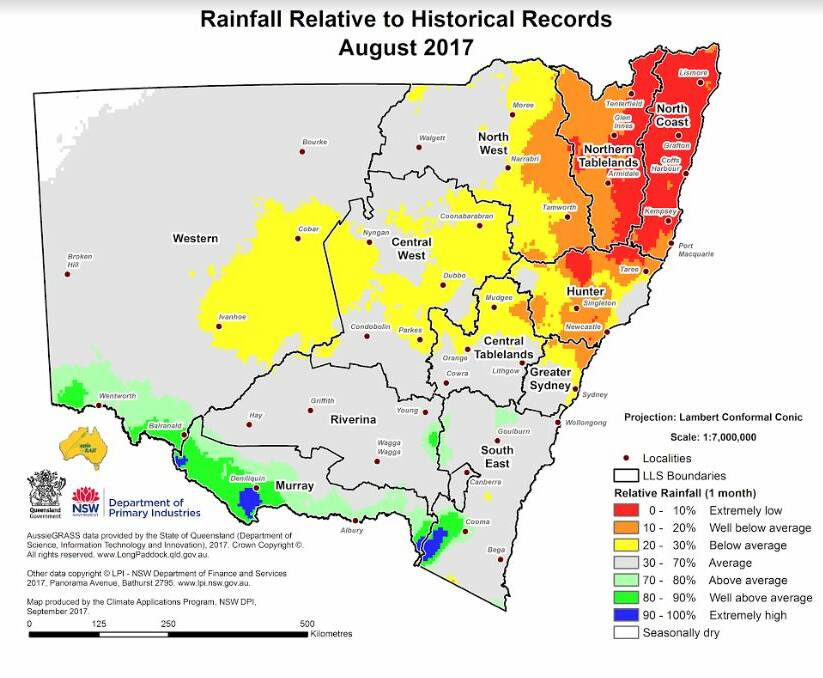 DRY WINTER: Rainfall relative to historical records August 2017 map. Picture: Department of Primary Industries.