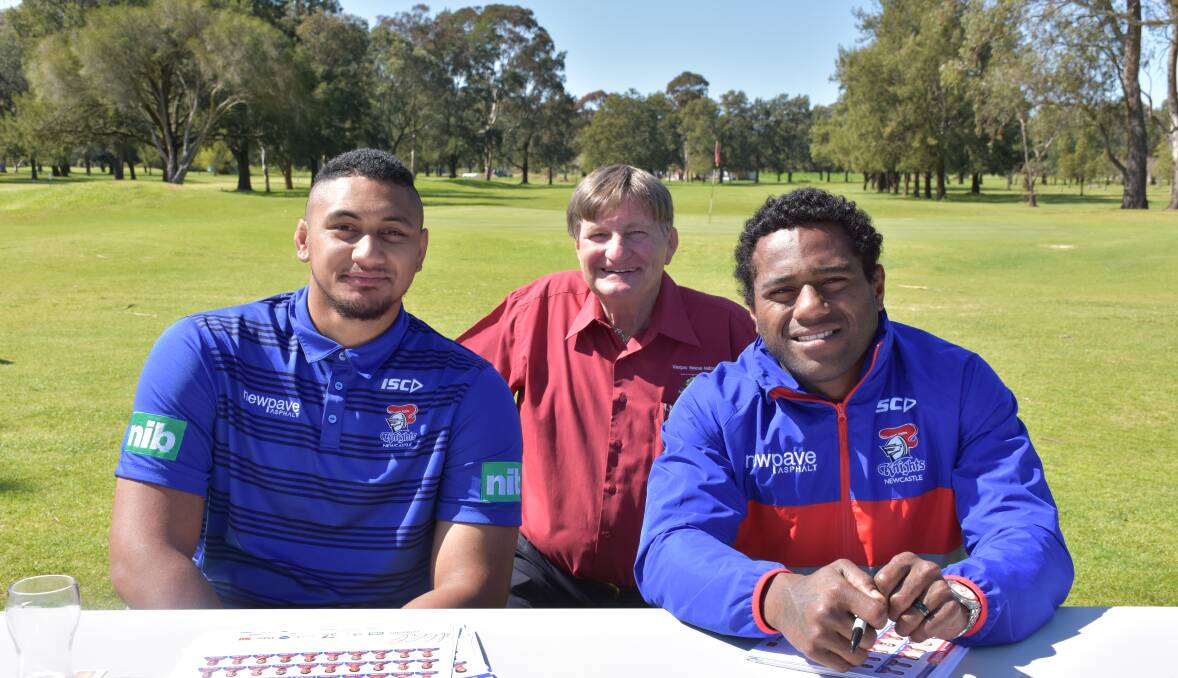 SUPPORT: Westpac Rescue Helicopter Service Muswellbrook Support Group's Joe Matthews (centre) with Newcastle Knights players Pauli Pauli and Akuila Uate.