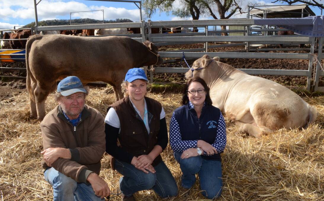 IMPORTANCE OF AGRICULTURE: Steve Garland, "The Basin", McCullys Gap, show team member Amber Collard and stud principal Lyn Richards. Pic: THE LAND.