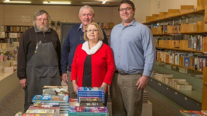 Clouston and Hall booksellers owners Tom, Sally and Jack Clouston with manager Rod Howell, left. Photo: Matt Bedford