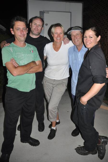 The exhausted catering team from The Hunted Gourmet who prepared nearly 500 meals (l-r) Ben Harrington, Sydney; Dale Warburton, Sydney;.”Merv” McRobert, Aberdeen; Bernard Levy, Gundy; and Jo Marden, Murrurundi.
