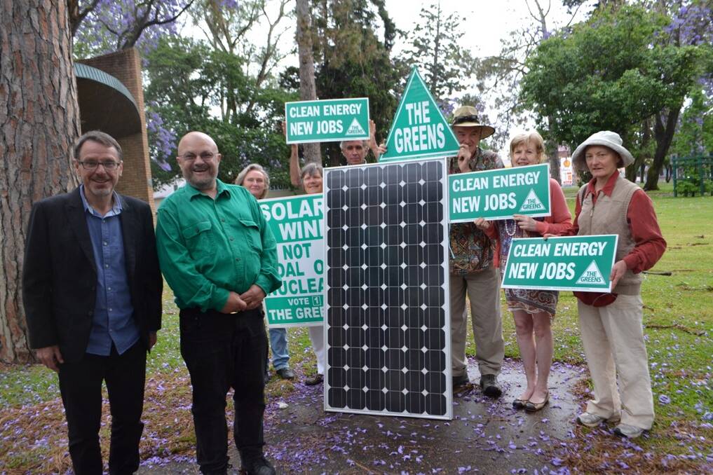 GREENS LAUNCH: NSW Legislative Council Greens representative Dr John Kaye (far left) was in Singleton on Sunday to launch the state election campaign of Denman's John G. Kaye (2nd from left).  Pictured at rear (l-r) Kathleen Oldman, Bev Smiles, Tony Lonergan, Paul McNamara, Sally Corbett and Beverley Atkinson.