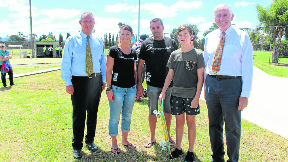 SUCCESSFUL PROJECT:  Upper Hunter Shire mayor Michael Johnsen, Janita and Jeremy from wiK’ed Frogs Board Room, Edan Tickle and Upper Hunter MP George Souris at the Skate Park opening last Thursday.