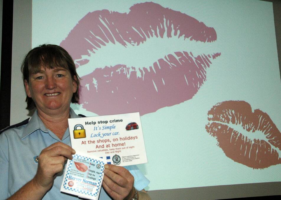 FEBRUARY: DON’T KISSS IT GOODBYE:Theft from motor vehicles has been an increasing crime in the Upper Hunter recently. Hoping to change the mindset of residents, to always keep their cars locked, is the new KISSS program. Hunter Valley Local Area Command Senior Constable Sheree Gray shows off some of the KISSS promotional gear, which will be distributed this month.