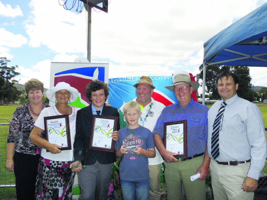 PROUD AS PUNCH: From left, Upper Hunter Shire councillor Lee Watts, Zina Daniel (Special Award for Excellence), Murrurundi Young Citizen of the Year Jake Speck, Young Sportstar of the Year Jake Chapple, Australia Day Ambassador and ex-Olympian Rick Timperi, Murrurundi Citizen of the Year Brian Hunt and Upper Hunter Shire deputy mayor Wayne Bedggood at the Murrurundi Australia Day ceremony on Sunday.