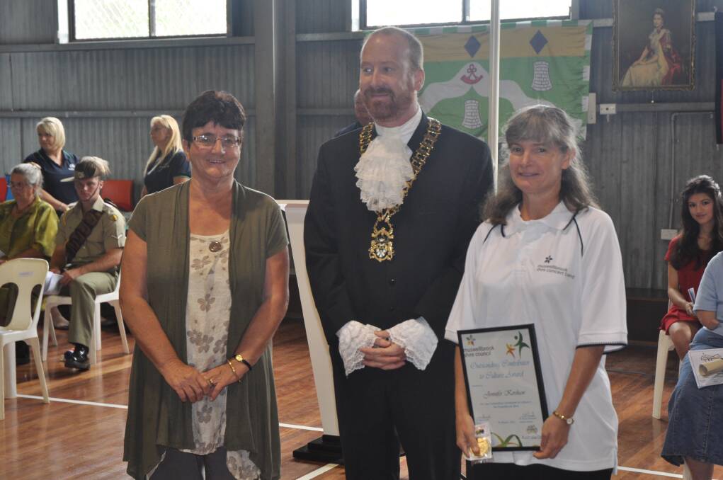 HARD-WORKING ETHOS: Denman and District Development Association president Jeanette Travers and Muswellbrook Shire mayor Martin Rush presented Jennifer Kershaw with the Outstanding Contributor to Culture award.