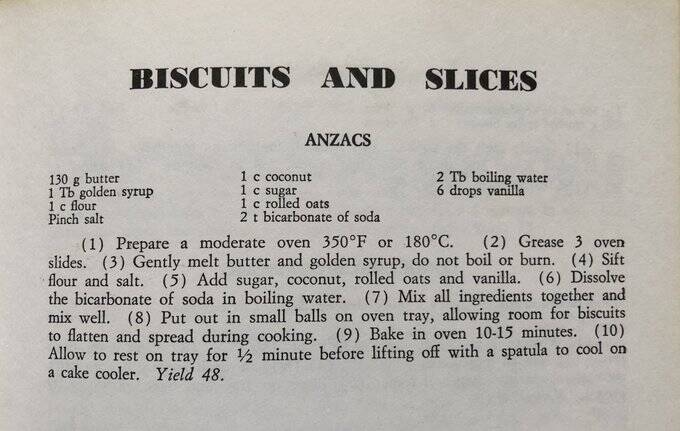 'Central' Cookery Book Anzac recipe. Picture supplied by Vintage Tasmania Recipes
