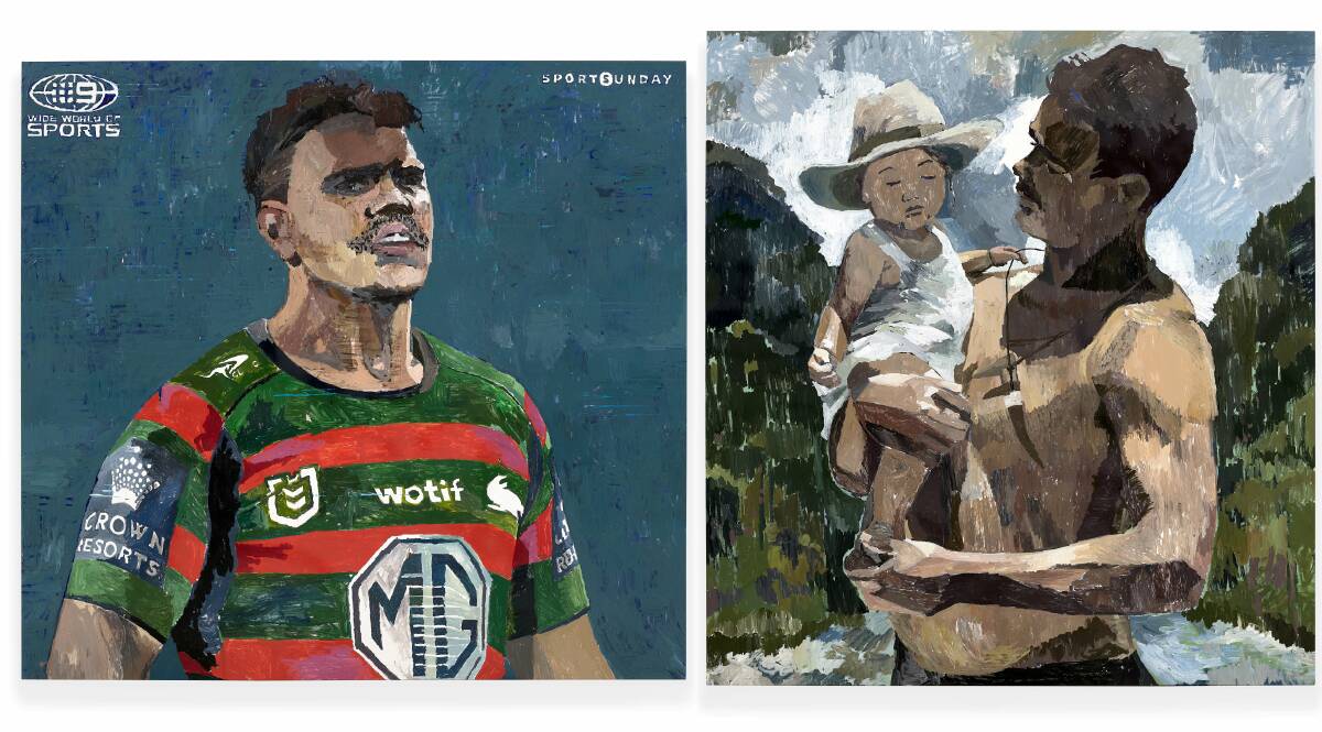 The paintings represent Latrell Mitchell's public and private lives. Picture supplied. 
