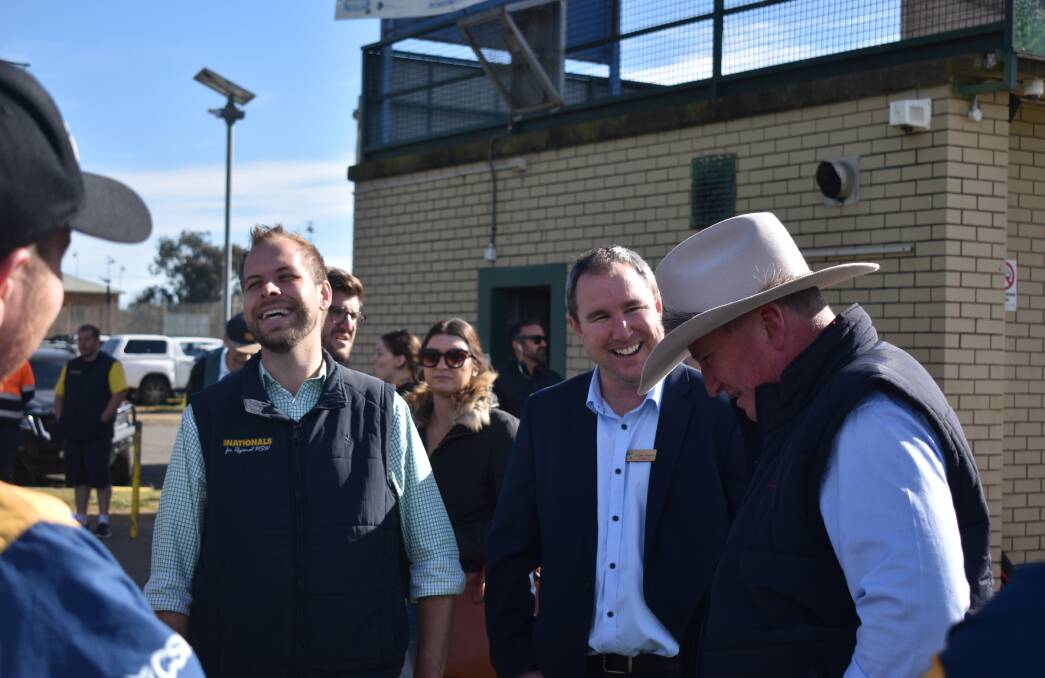 James Thomson, Steve Reynolds and Barnaby Joyce at Muswellbrook's Olympic Park on Thursday morning. Picture: Ethan Hamilton