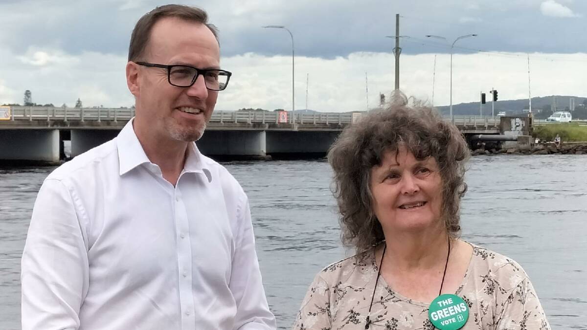 The Greens Shortland candidate Kim Grierson with lead Greens candidate for NSW David Shoebridge at the campaign launch in Swansea. Picture: Supplied