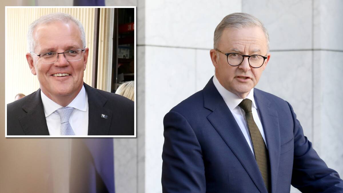 Prime Minister Anthony Albanese and, inset, his predecessor Scott Morrison. Pictures by James Croucher