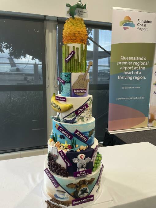A cake celebrating Bonza's inaugural flight, featuring regional centres on Bonza's route map, including Tamworth, Newcastle and Albury. Picture: Sarah Maguire