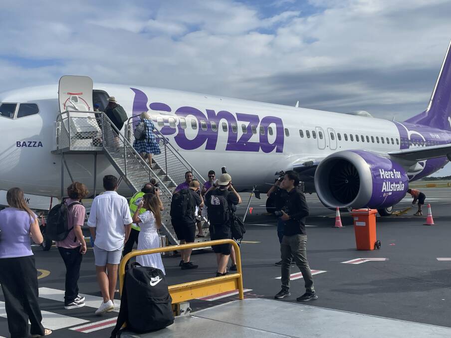 Passengers board the maiden flight of Bonza low-cost airline. Picture: Sarah Maguire
