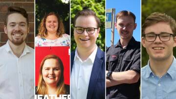 Bucking the age trend for politicians these young regional Australians have put up their hand to run in the 2023 NSW election. From left, Joshua Roberts-Garnsey, 28, Heather Dunn, 28, Eli Davern,19, Ash Barnham, 21, and Angus Braiden, 18. Pictures supplied
