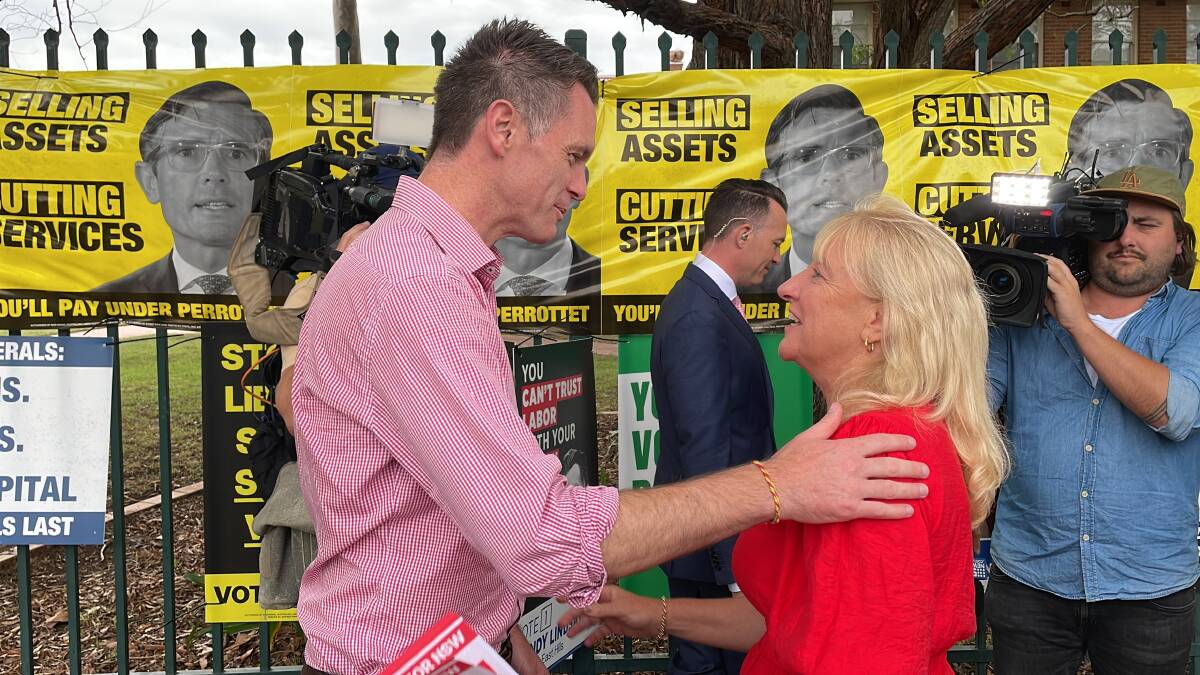 NSW Labor leader Chris Minns campaigning with the ALPs East Hills candidate Kylie Wilkinson at Panania Public School on polling day, March 25, 2023. Picture by Saffron Howden