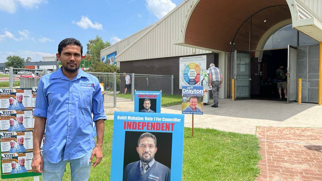 MUSWELLBROOK: Candidate Rohit Mahajan, pictured outside the polling centre at the Muswellbrook Indoor Sports Centre, is currently sitting in second place in the vote count as of 1pm on Tuesday, December 7. Picture: Mathew Perry