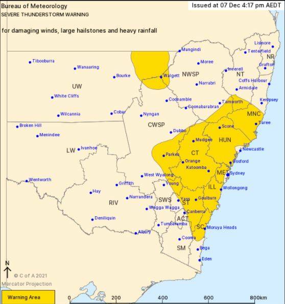 THUNDERSTORMS: The warning area identified by the Bureau of Meteorology on Tuesday, December 7. Picture: Bureau of Meteorology