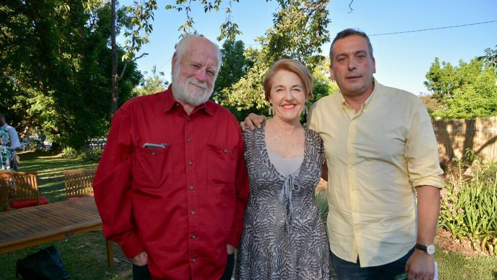 SCONE: Scone Literary Festival President Janie Jordan (centre) pictured with patron Phillip Adams and guest author Christos Tsiolkas at the festival's Patrick White Oration in November 2019. Picture: Caitlin Reid