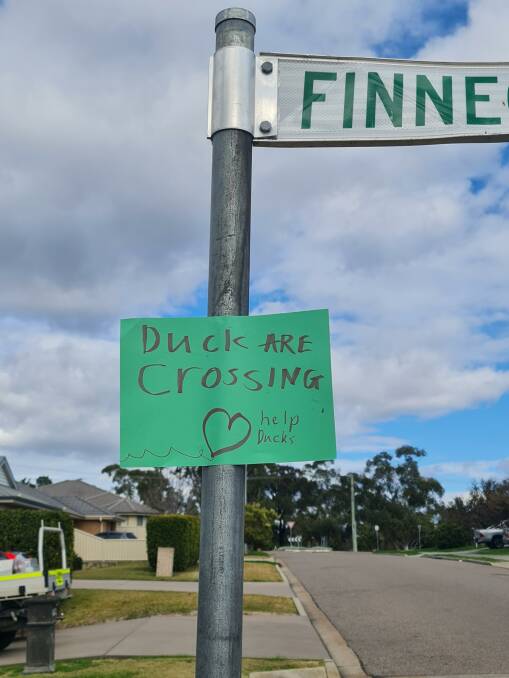HANDMADE: A sign Lissa Anderson installed herself to warn drivers to be wary of crossing ducks near her Muswellbrook home. Picture: Tara Anderson