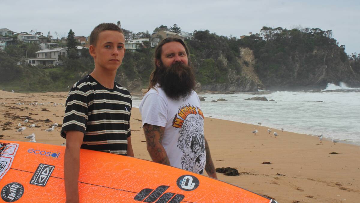 Malua Bay heroes Lincoln Dell (left) and Daniel Hall (right) at the beach where the incident occurred. Picture by James Tugwell.