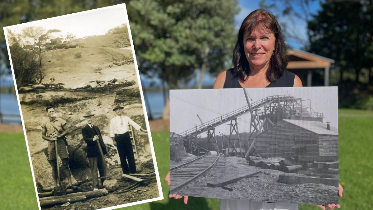 Moruya resident Christine Greig holding a photo taken in the same location, of where the quarry used to be. Her great grandfather John Gilmore (inset) was manager of Moruya Granite Quarry during the construction of the Sydney Harbour Bridge.
