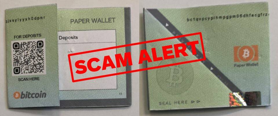 Fake paper wallets are scamming people out of cryptocurrency. Picture by NSW Police.