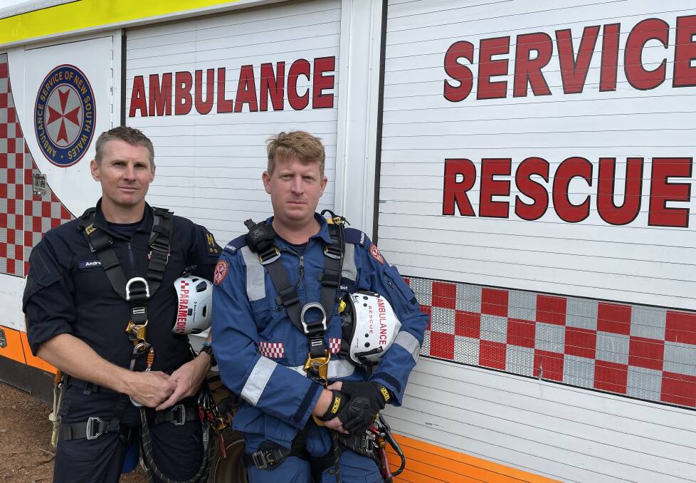 Special Operations Team paramedics Andrew Crew (left) and Elliot O'Keeffe keeping their skills sharp at a rescue training session in the NSW Riverina. Picture by Tim Piccione