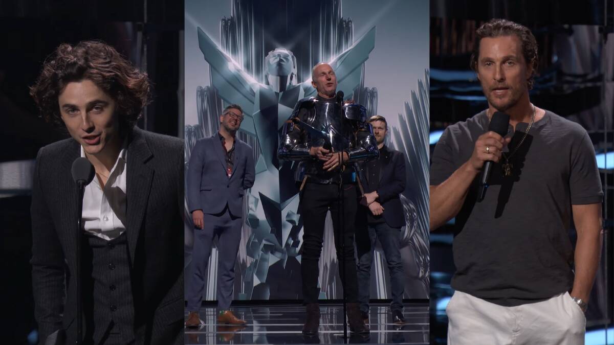 Timothée Chalamet presents Game of the Year, Swen Vincke in a suit of armour and Matthew McConaughey introduces his new game 'The Exodus'. Picture via thegameawards/YouTube