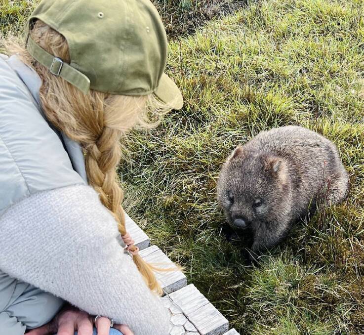 Nicole Kidman up close and personal with a wombat at Cradle Mountain. Picture supplied. 