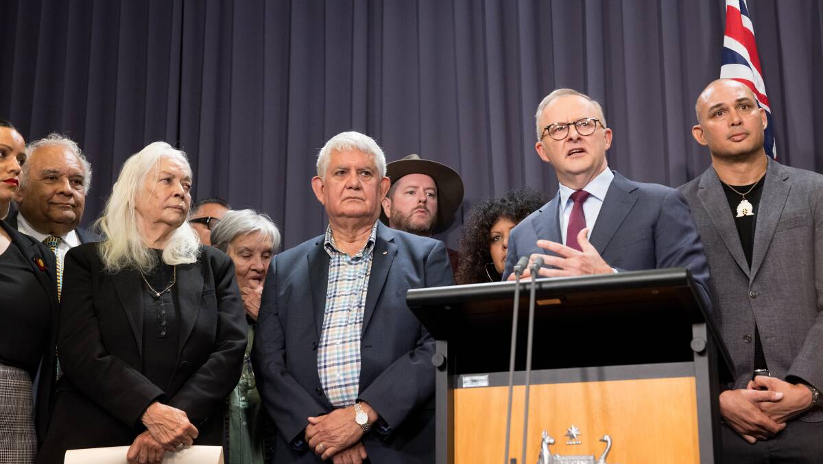 Prime Minister Anthony Albanese and members of the referendum working group at a press conference announcing the proposed wording of the question that will be put to Australians to enshrine an Indigenous Voice to Parliament. Picture by Sitthixay Ditthavong.
