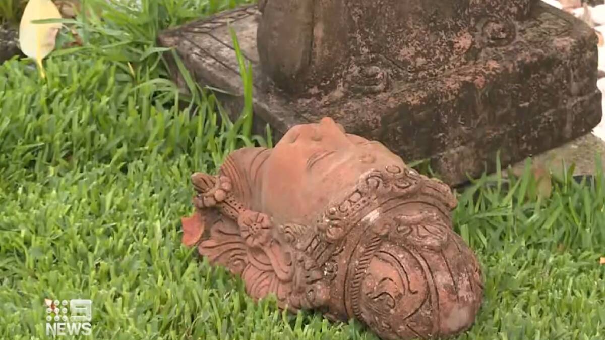The broken head from an "expensive" statue allegedly damaged by vandals on Eddie Phillips property. Picture by Nine News.