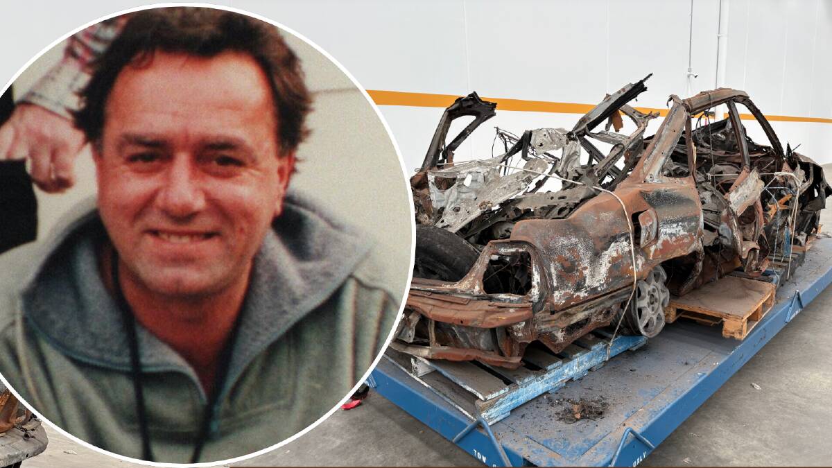 Gianni 'John' Furlan (inset) and his Subaru Liberty after the car bombing. Pictures supplied Gianni 'John' Furlan (inset) and his Subaru Liberty after the car bombing. Pictures supplied