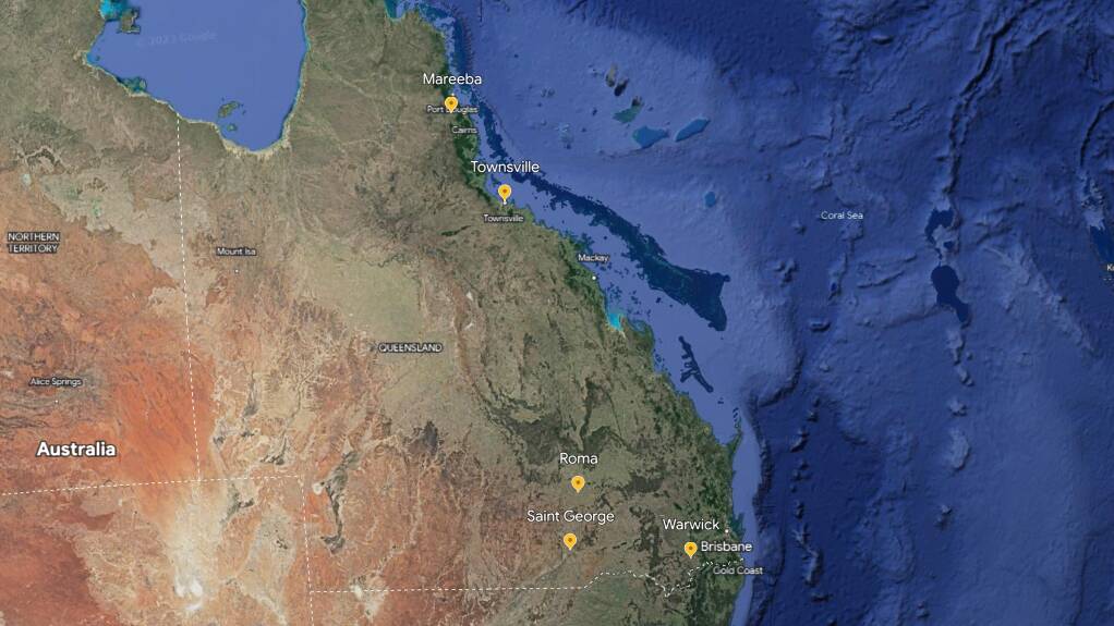 The top five animal collision hotspots in Queensland; St George, Townsville, Roma, Warwick and Mareeba. Picture by Google Earth