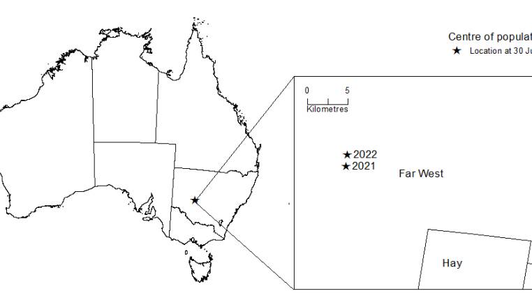 Map showing Australia's Centre of Population, June 2021 and June 2022. Picture Via Australian Bureau of Statistics