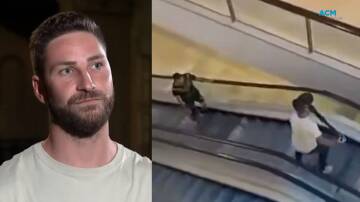 Damien Guerot speaks to media (left) and footage of the Frenchman holding back killer Joel Cauchi on an escalator (right). Pictures 7News