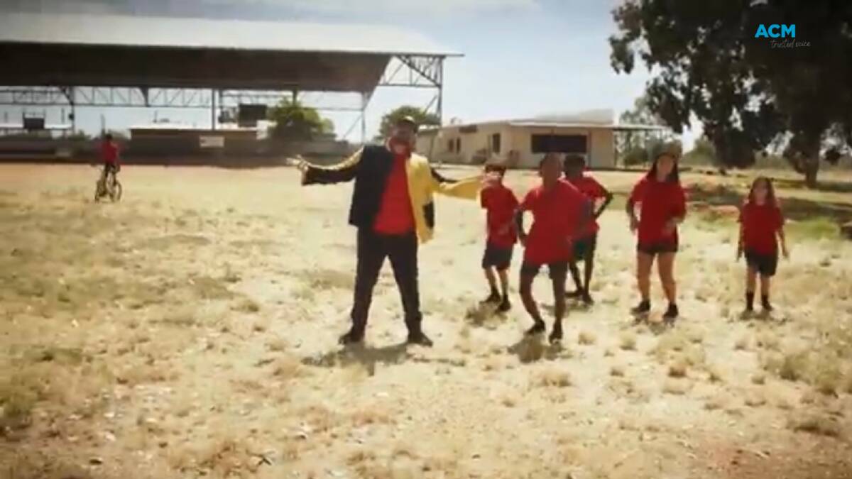 Rapper Beni Bjah fronts music clip with young dancers, filmed on the lands of the Bunuba people in Fitzroy Crossing, Western Australia. Picture by Marrugeku.