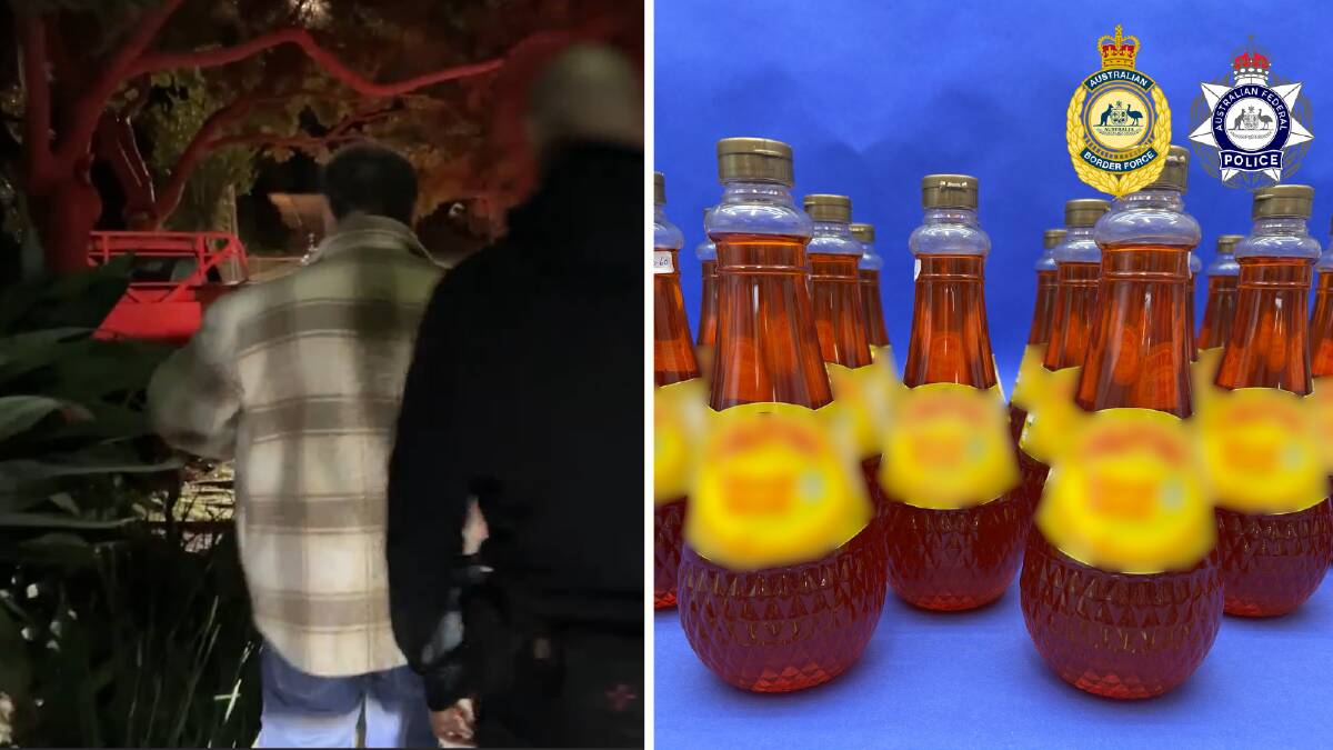Suspect arrested (left) over alleged meth import in cordial and oil bottles (right). Picture supplied Suspect arrested (left) over alleged meth import in cordial and oil bottles (right). Picture supplied