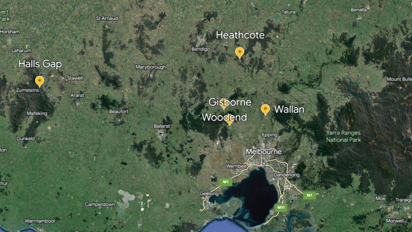 The top five animal collision hotspots in Victoria; Heathcote, Wallan, Gisborne, Halls Gap and Woodend. Picture by Google Earth